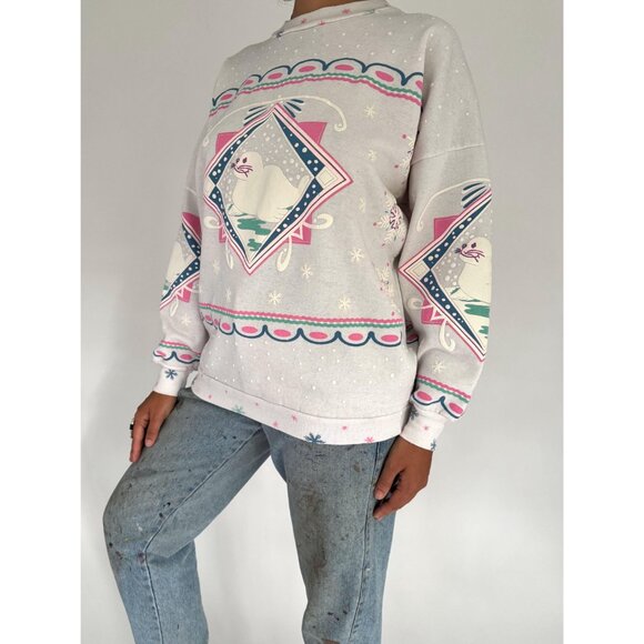 90s vintage seal animal snowy winter holiday graphic cotton pullover sweatshirt - Picture 3 of 10